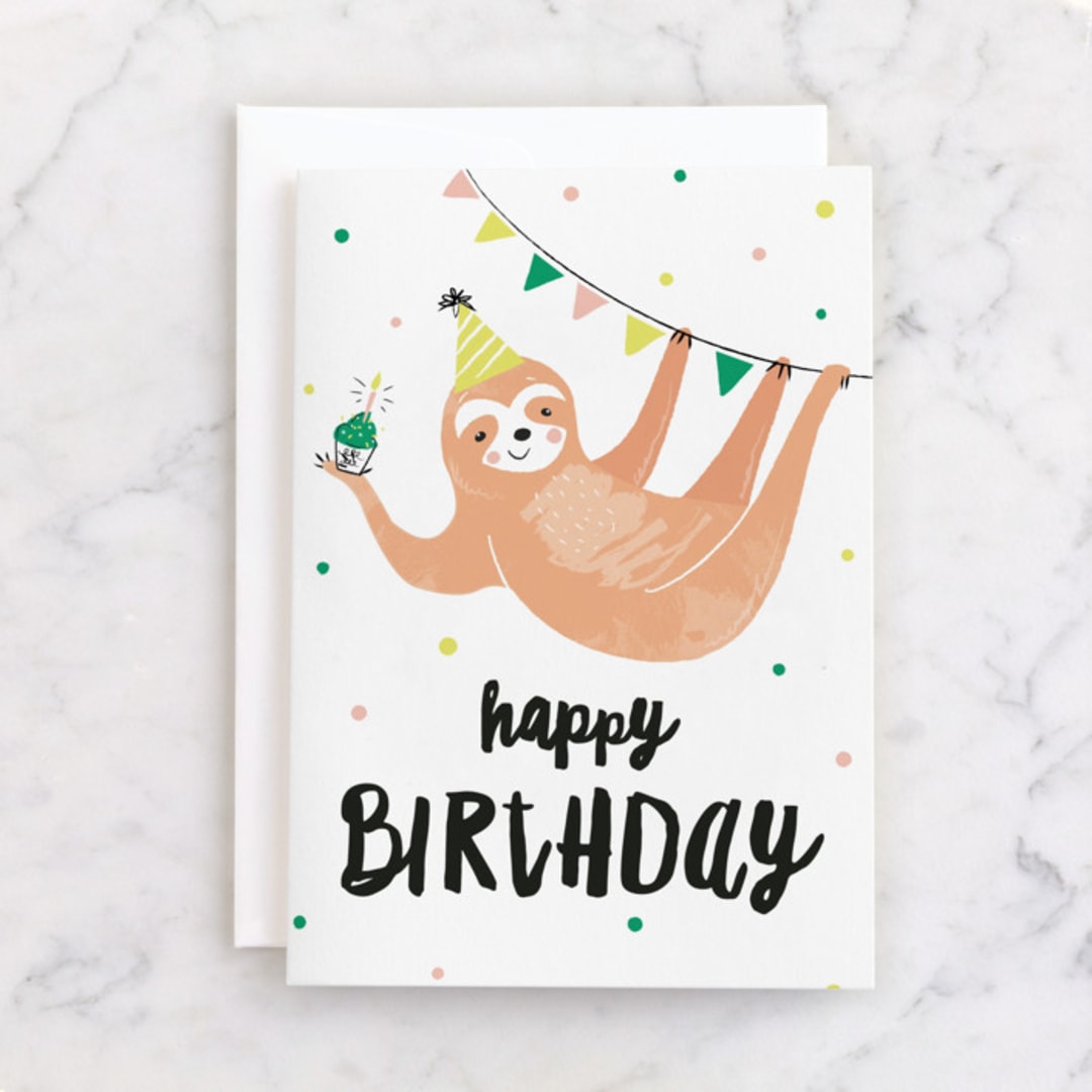 "Party Sloth" - Single Greeting Cards in Tawny by Melissa Egan of Pistols - Front