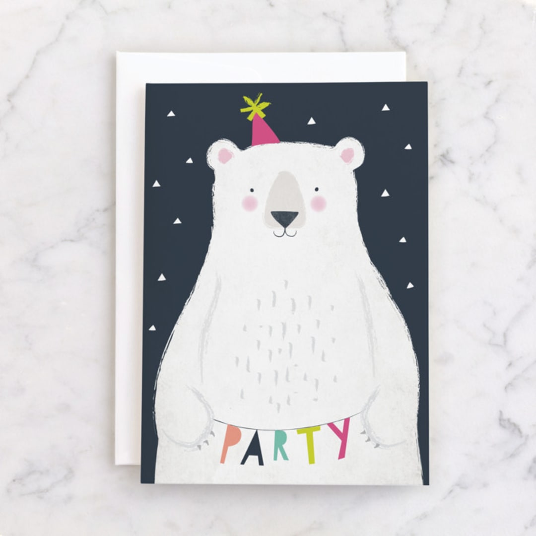 "party bear" - Single Greeting Cards in Navy by Karidy Walker - Front