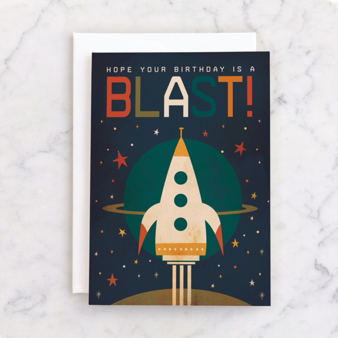 "Birthday Blast!" - Single Greeting Cards in Space by Laura Mitchell - Front