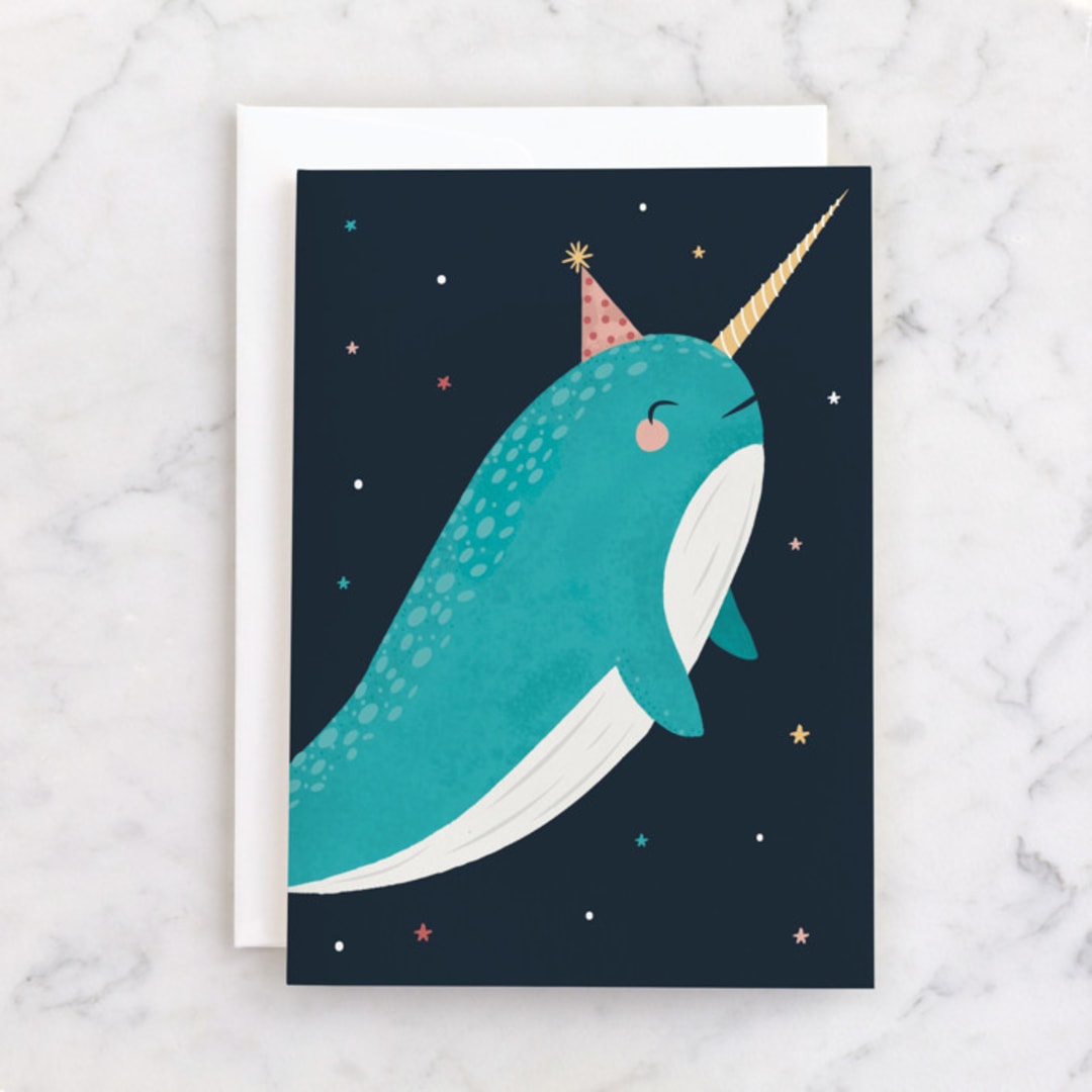"Magic Narwhal" - Single Greeting Cards in Navy by Marina Onoprienko - Front