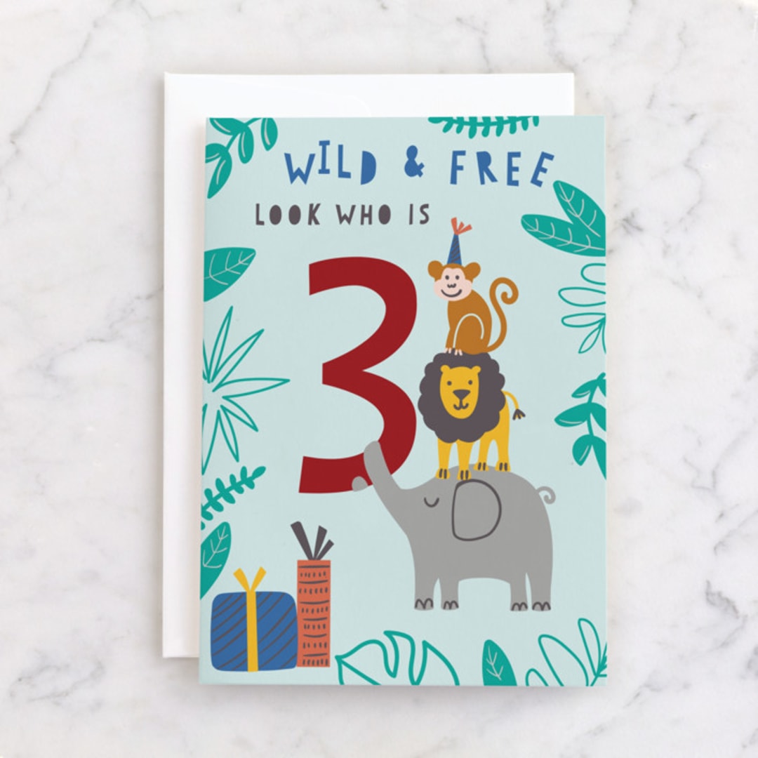 "Look who is 3" - Single Greeting Cards in Sky by Teju Reval - Front