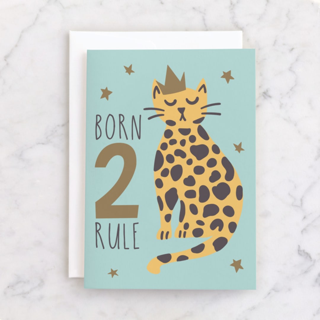 "Born 2 Rule" - Single Greeting Cards in Sky by Teju Reval - Front