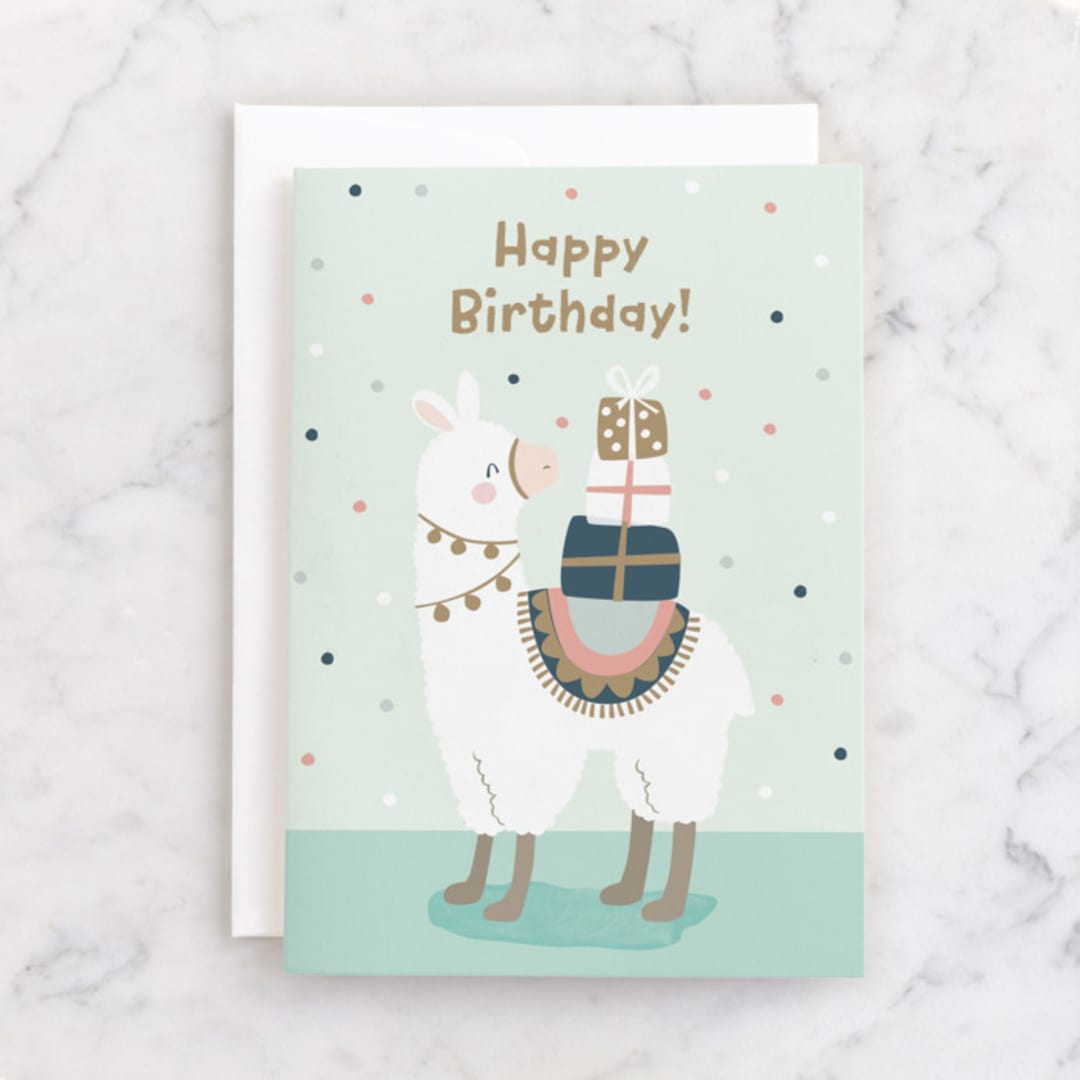 "llama presents" - Single Greeting Cards in Mint by peetie design - Front