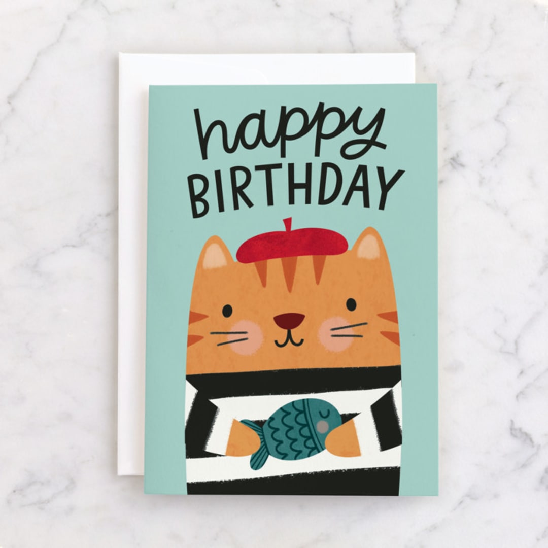 "Beret Birthday" - Single Greeting Cards in Seafoam by Kristen Magee - Front
