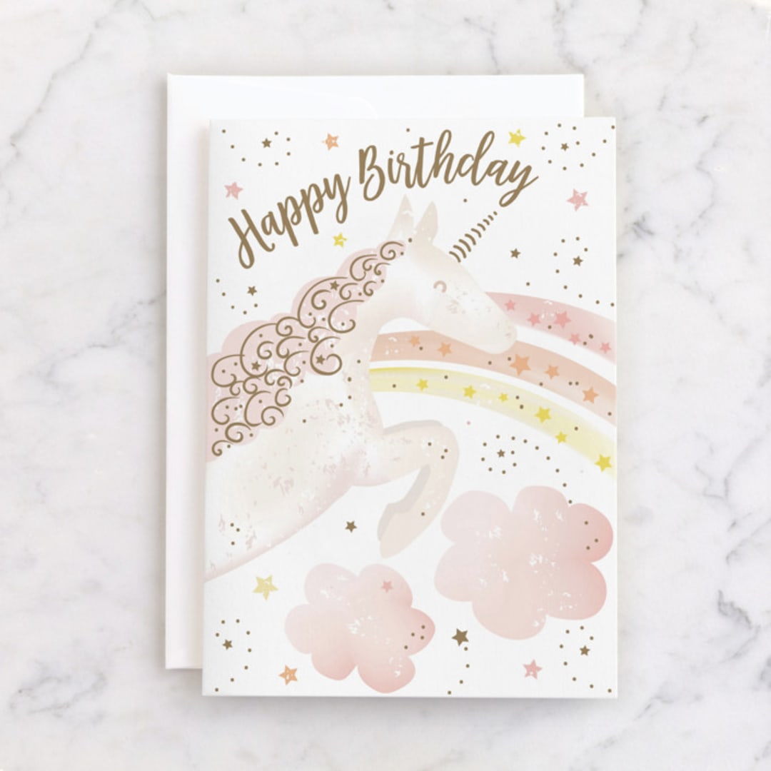 "Unicorn Sky" - Single Greeting Cards in Blush by Starry Lane Studio - Front
