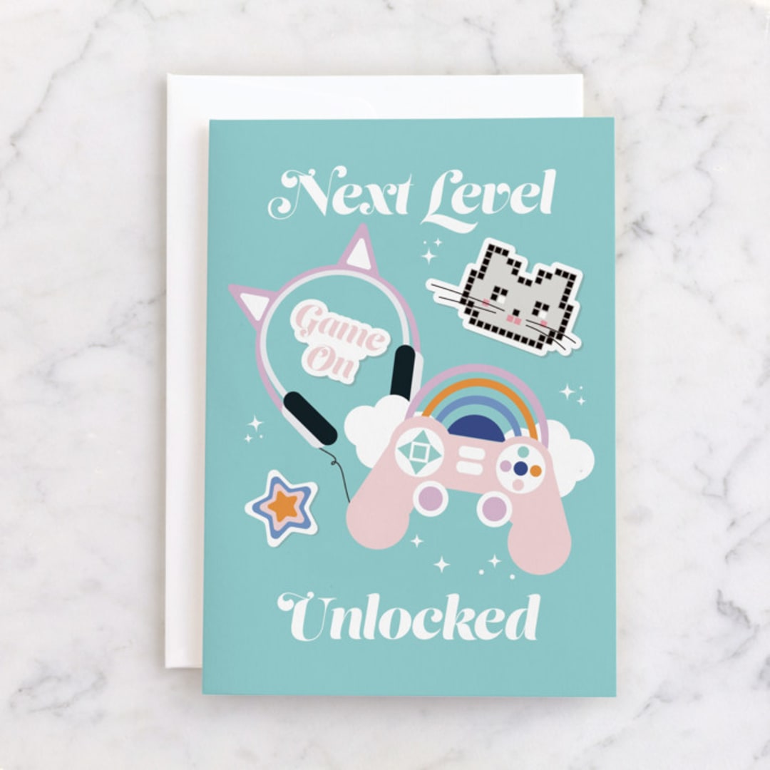 "Kitty Gamer" - Single Greeting Cards in Frost by Corinne Malesic - Front