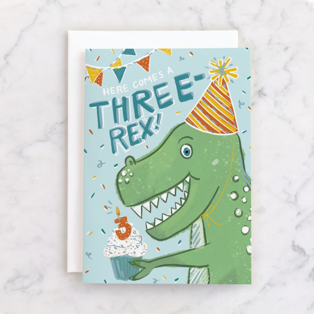 "Three Rex" - Single Greeting Cards in Glacier by Corie Page - Front