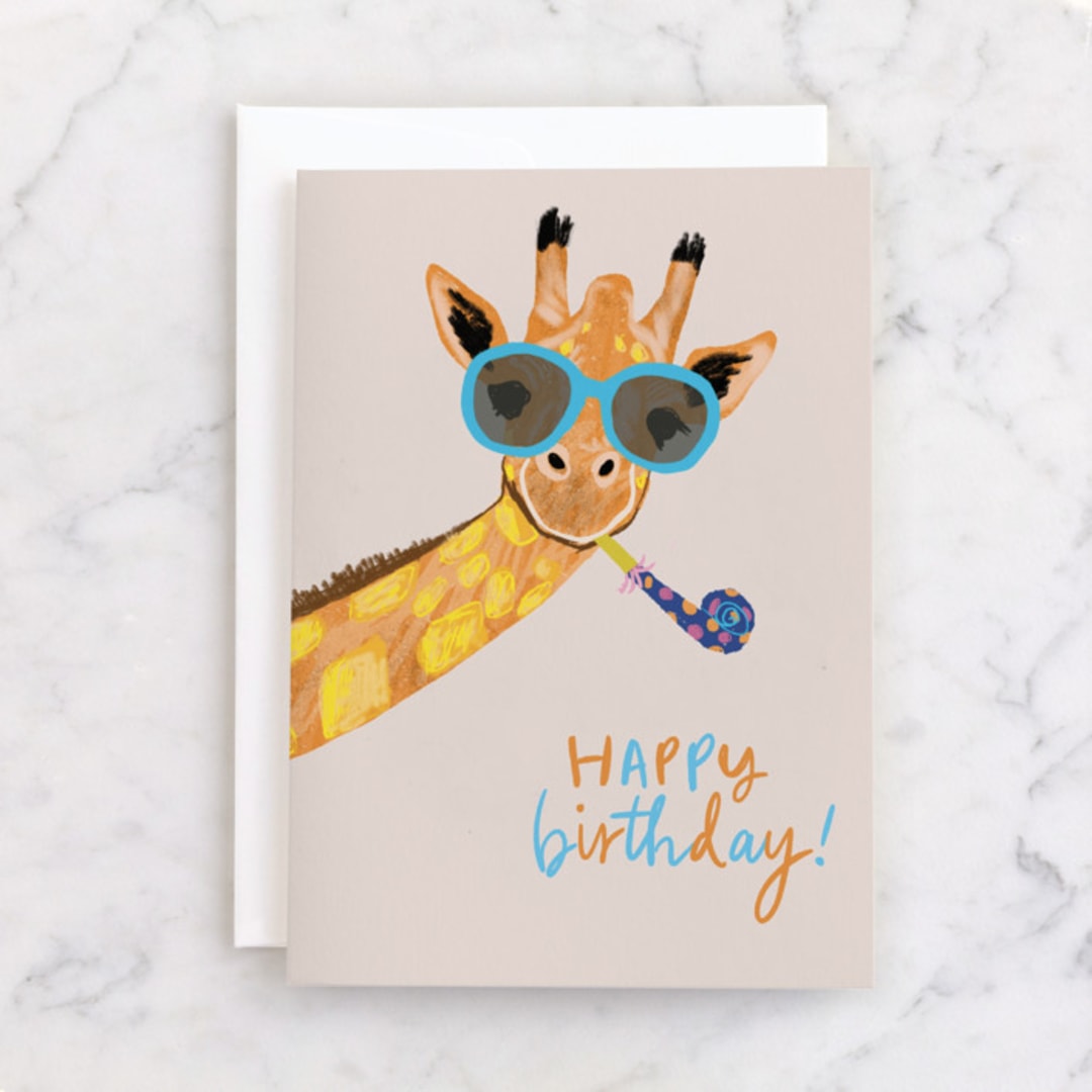 "Playful giraffe" - Single Greeting Cards in Coral by Cass Loh - Front