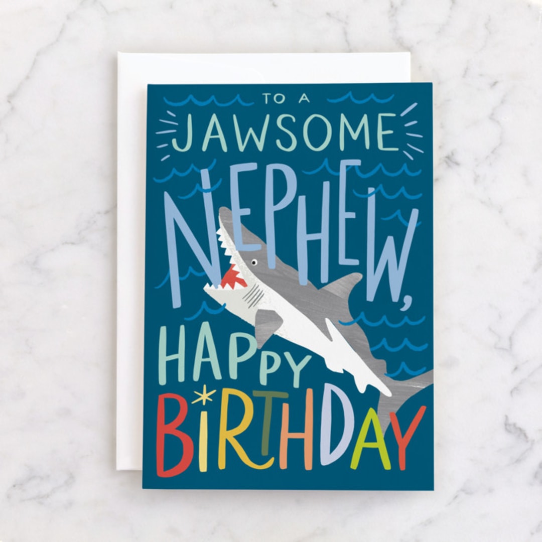 "Jawsome Nephew" - Single Greeting Cards in Ocean by Alethea and Ruth - Front