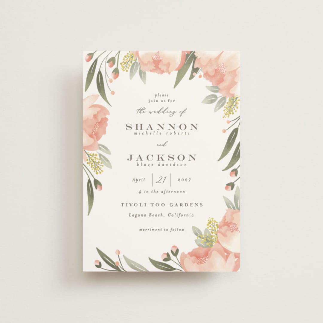 "Peony Wreath" - Wedding Invitations in Peach by Joanna Griffin - Front