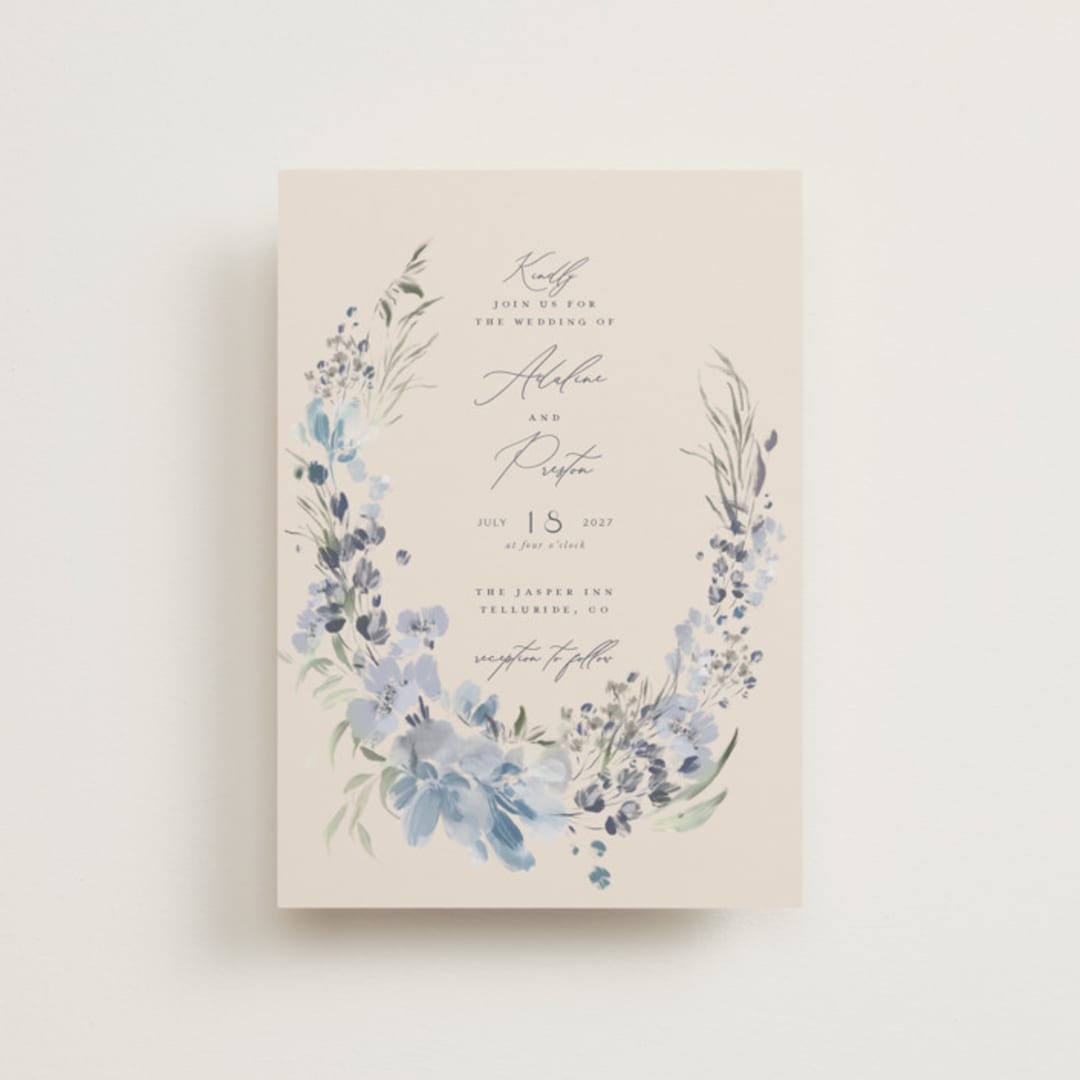"Wildflower Wreath" - Wedding Invitations in Sky by Grace Kreinbrink - Front