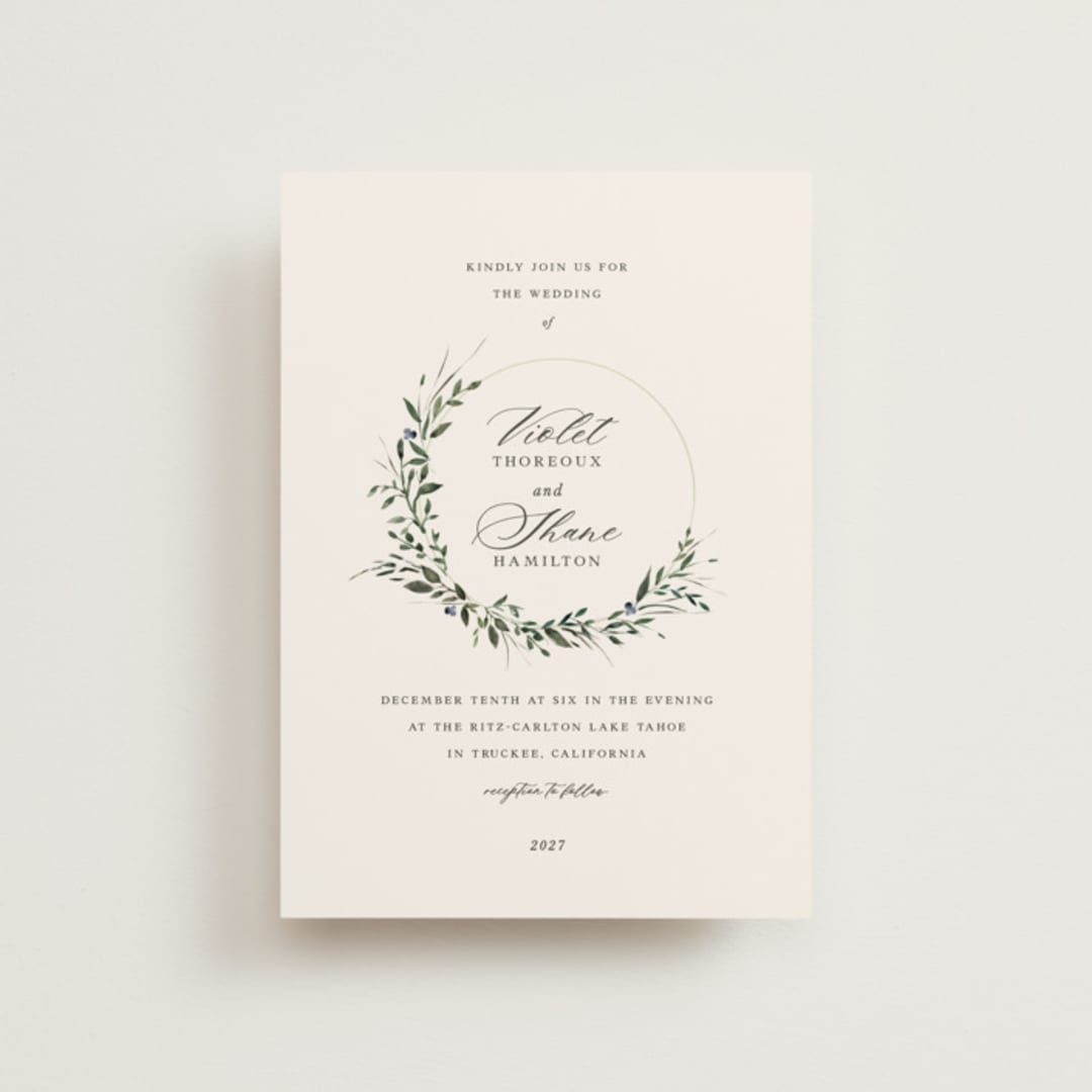 "Green Wreath" - Wedding Invitations in Champagne by Lori Wemple - Front