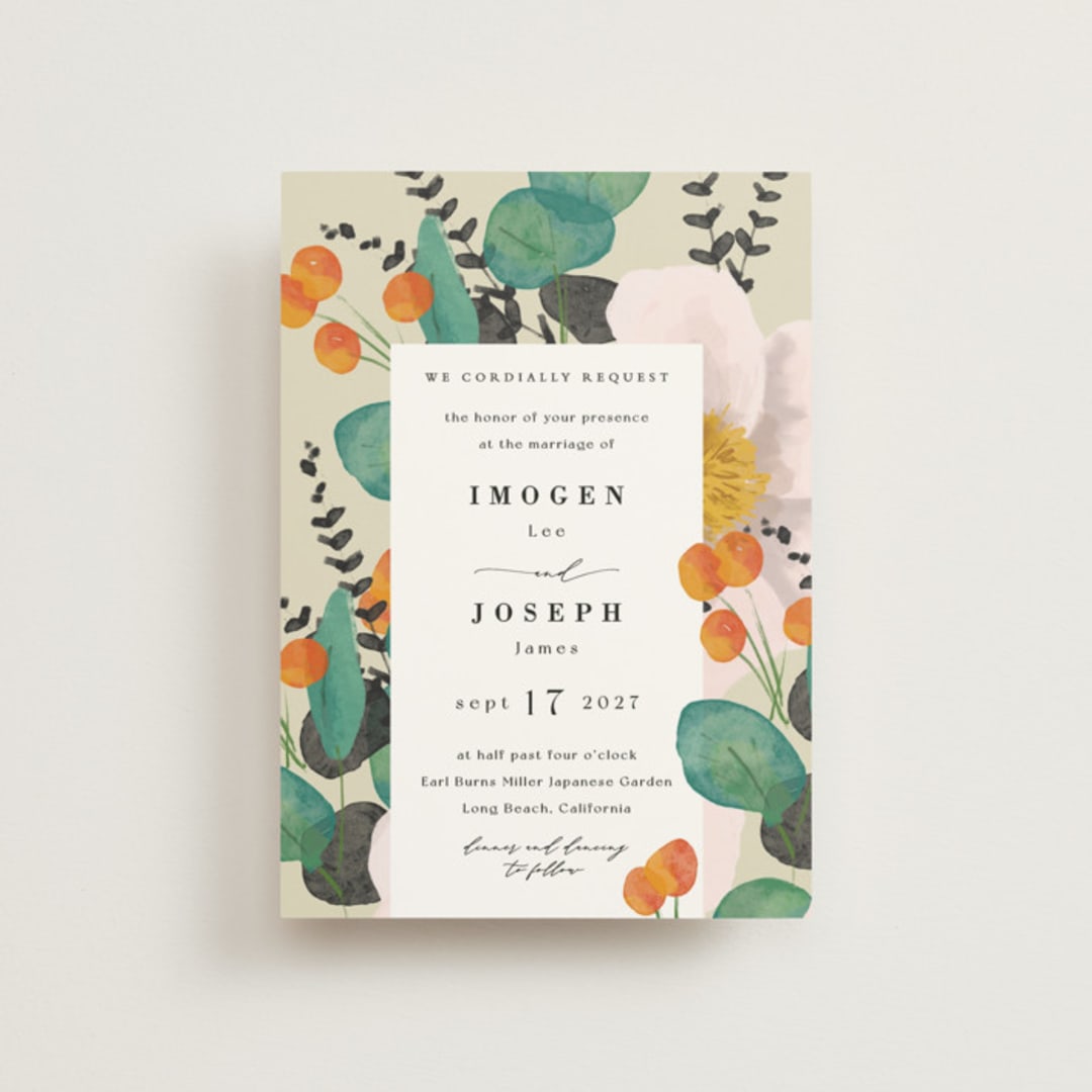"Floral Splash" - Wedding Invitations in Wheat by Keen Peachy - Front