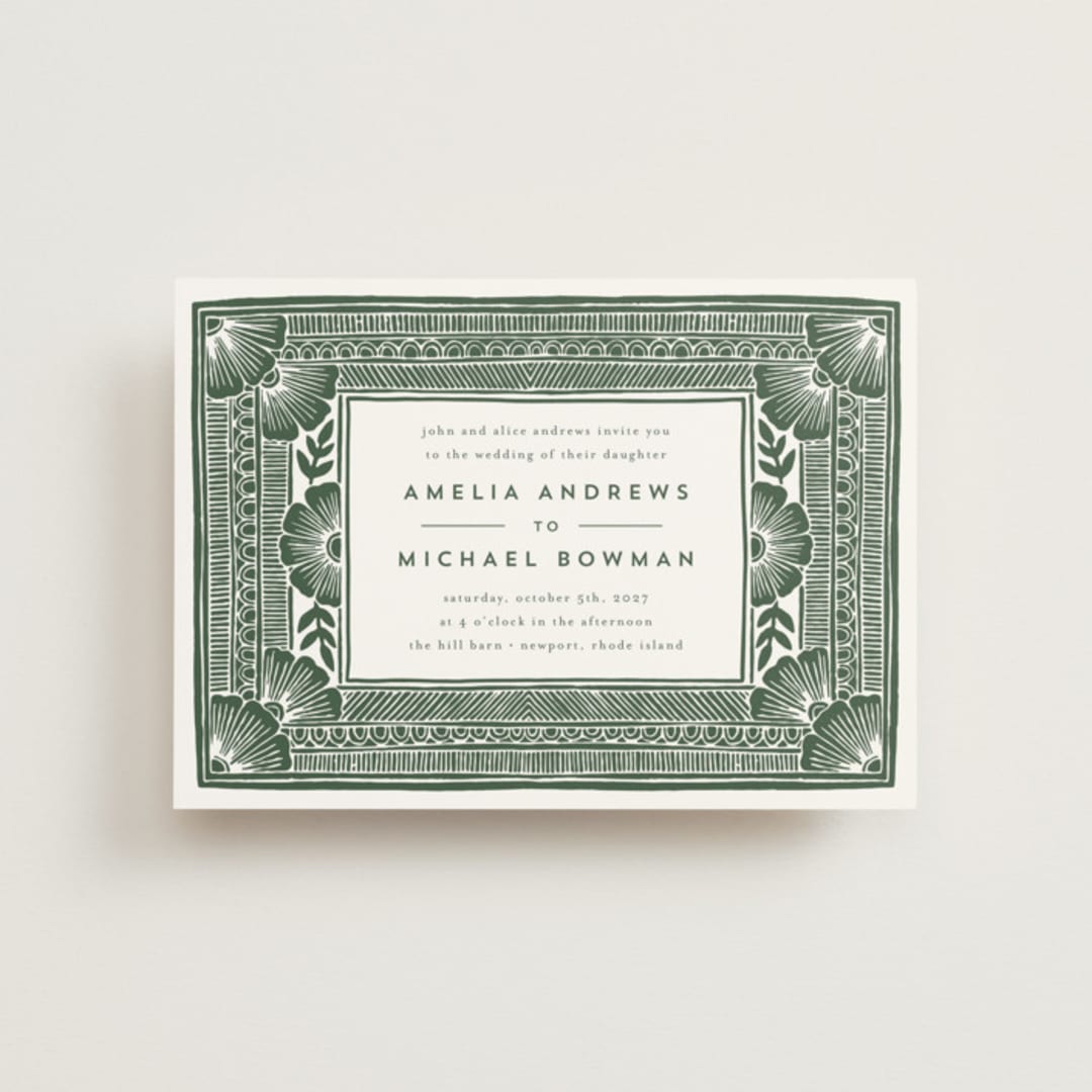 "Block Print Frame" - Wedding Invitations in Fern by Katharine Watson - Front