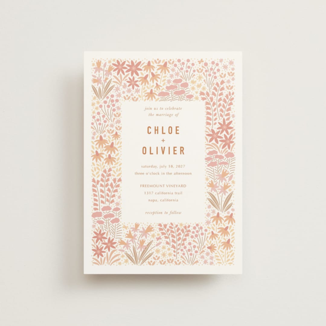"Floral Border" - Wedding Invitations in Peach by Pippa Shaw - Front