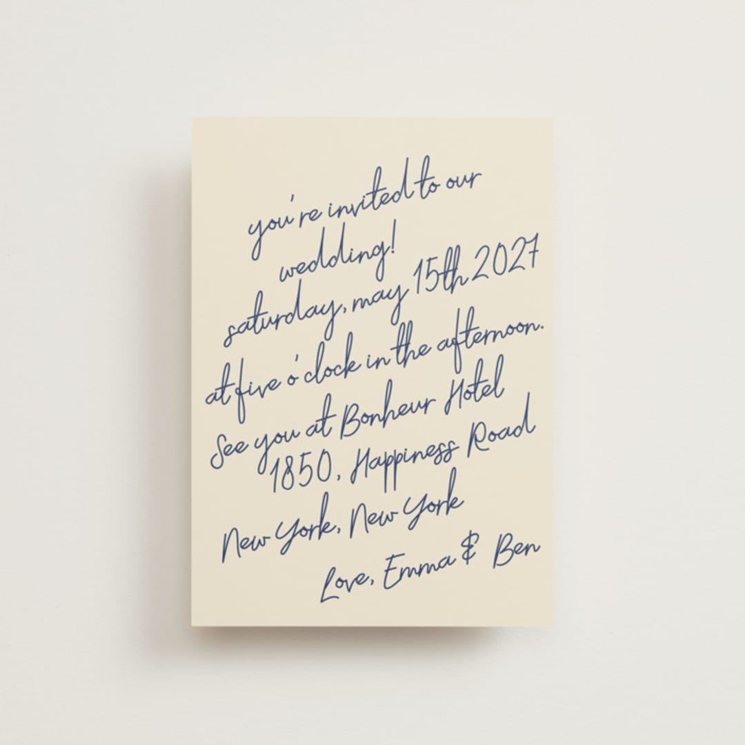 "Handwritten Letter" - Wedding Invitations in Blue Velvet by Helena Vitto - Front