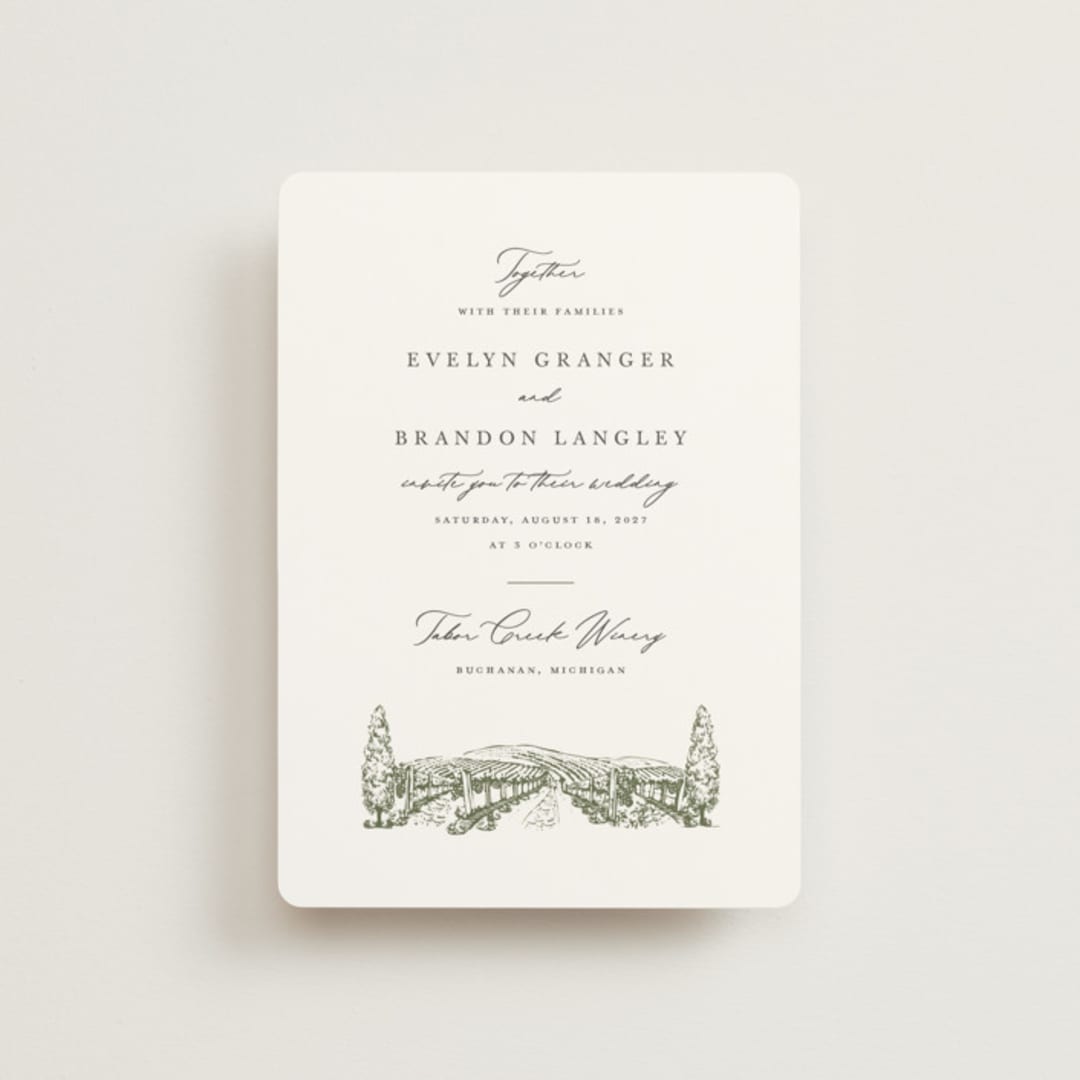 "Vineyard" - Wedding Invitations in Olive by Sarah Brown - Front