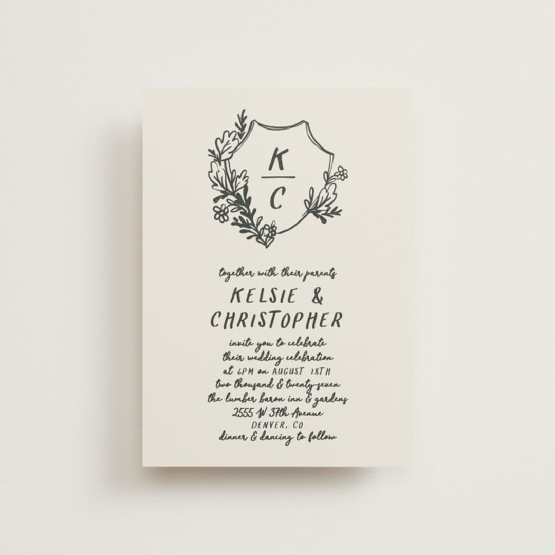 "Botanical Crest" - Wedding Invitations in Ink by Kelly Watkins - Front
