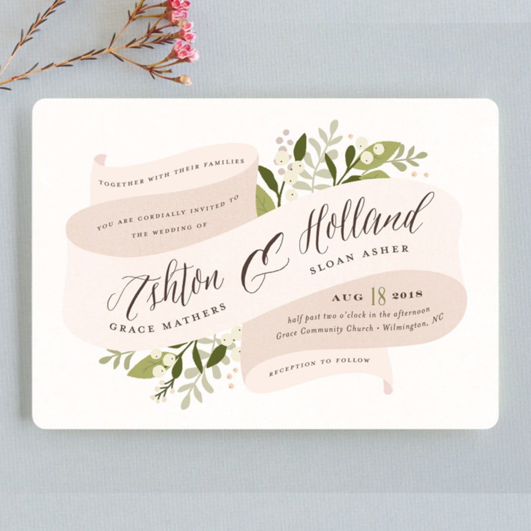 "Ribbonly" - Wedding Invitations in Blush by Jennifer Wick - Front