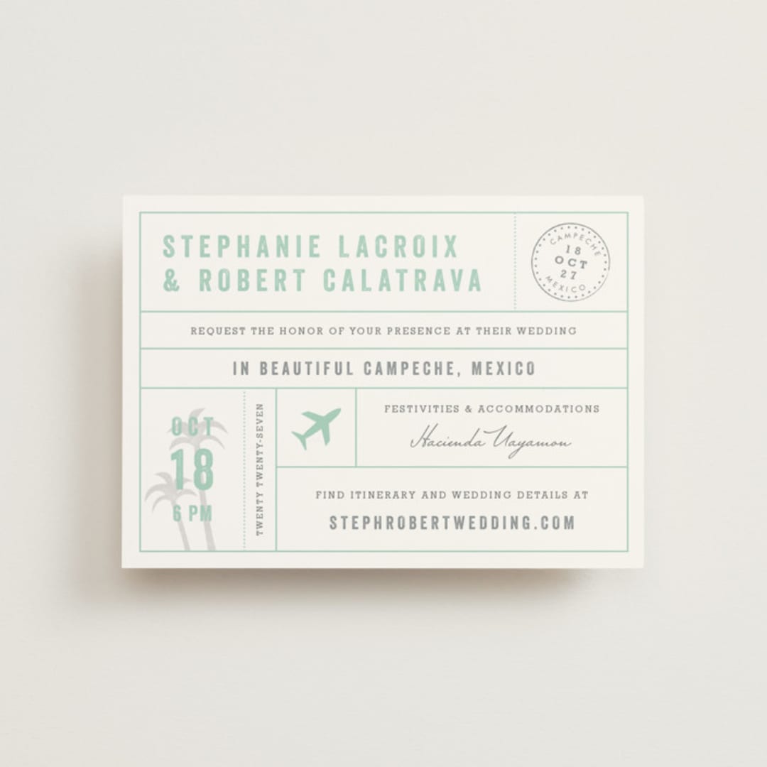 "Passport" - Wedding Invitations in Seafoam by Sarah Curry - Front