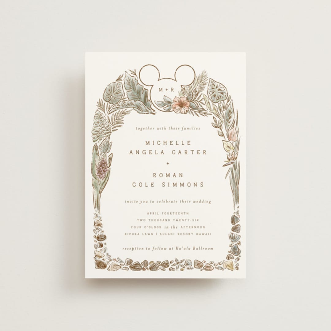 "Disney's Mickey Mouse Tropical Frame" - Wedding Invitations in Earth by Shiny Penny Studio - Front