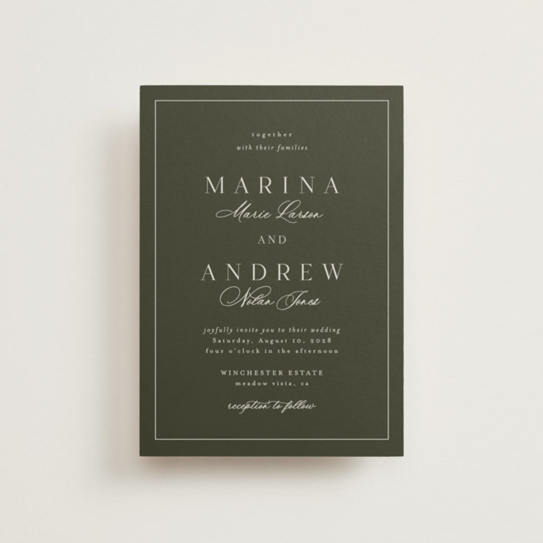 "refined" - Wedding Invitations in Deep Olive by Nicole Walsh - Front