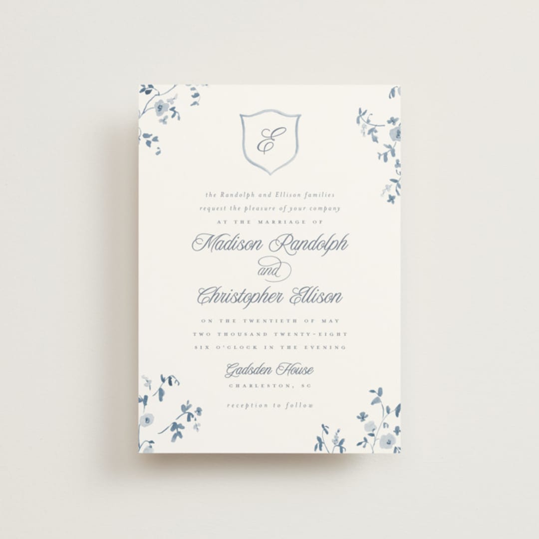 "Wildflower Corners" - Wedding Invitations in Bluebell by Everett Paper Goods - Front