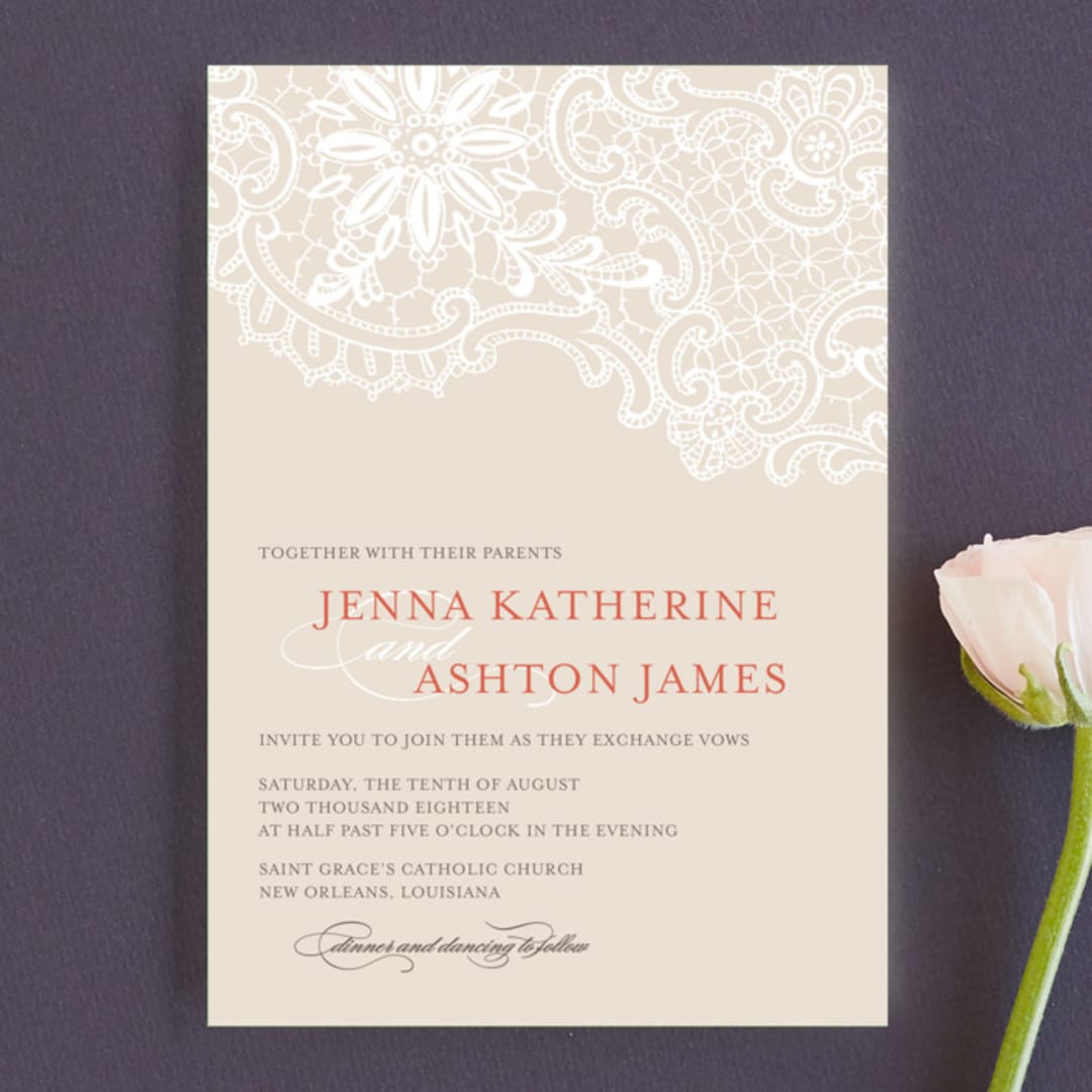 "White Lace" - Wedding Invitations in Coral Rose by Lauren Chism - Front