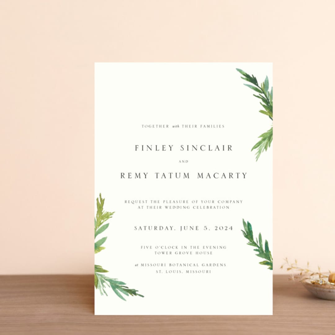 "Simple Pine Branches" - Wedding Invitations in Vanilla by Mere Paper - Front
