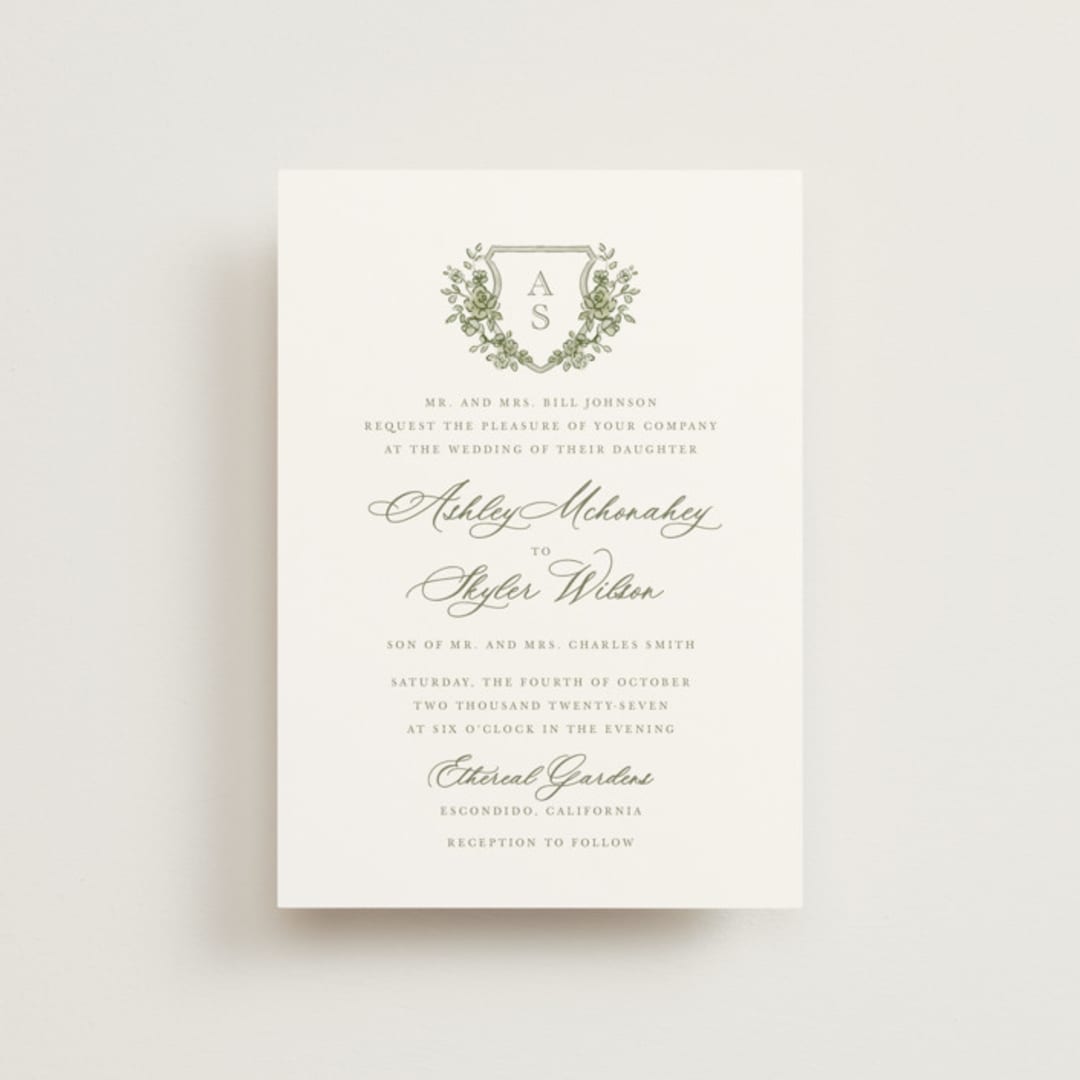 "watercolor flowers crest" - Wedding Invitations in Moss by Cass Loh - Front
