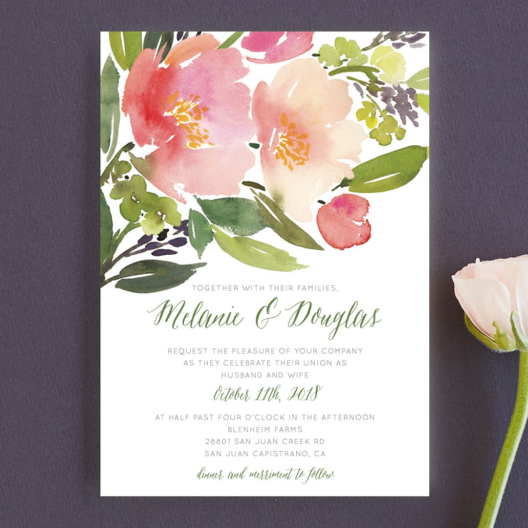 "Watercolor Floral" - Wedding Invitations in Olive by Yao Cheng Design - Front