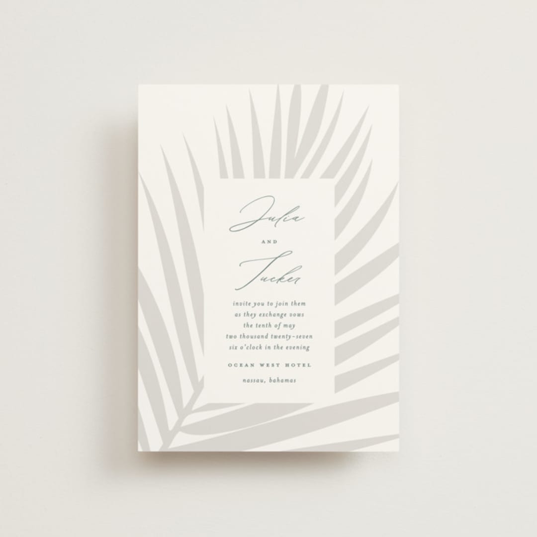 "Faded Palm" - Wedding Invitations in Mist by Lauren Chism - Front
