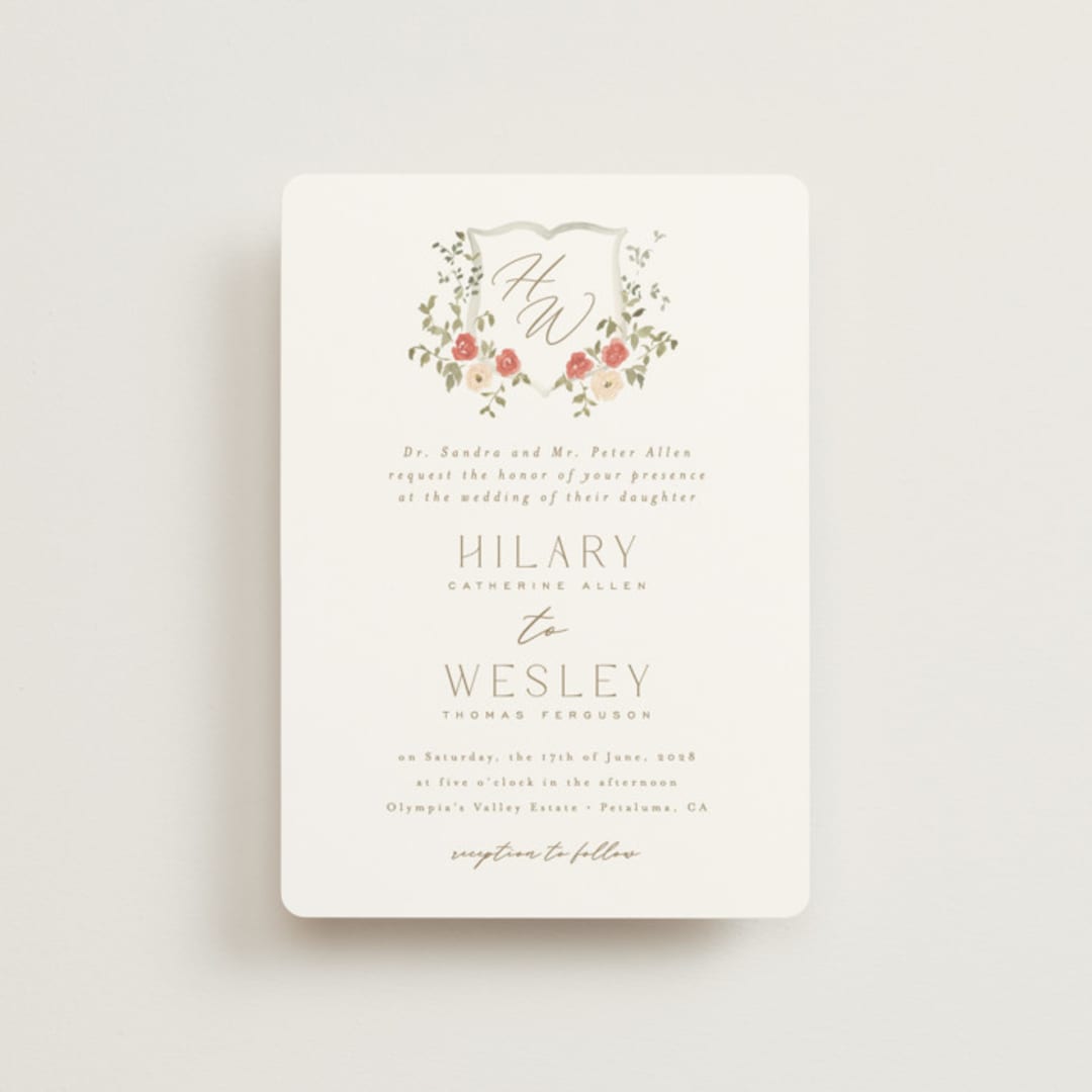 "Roses Crest" - Wedding Invitations in Pomegranate by Everett Paper Goods - Front