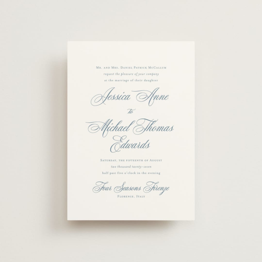 "Empire" - Wedding Invitations in Dusty Blue by Jennifer Postorino - Front