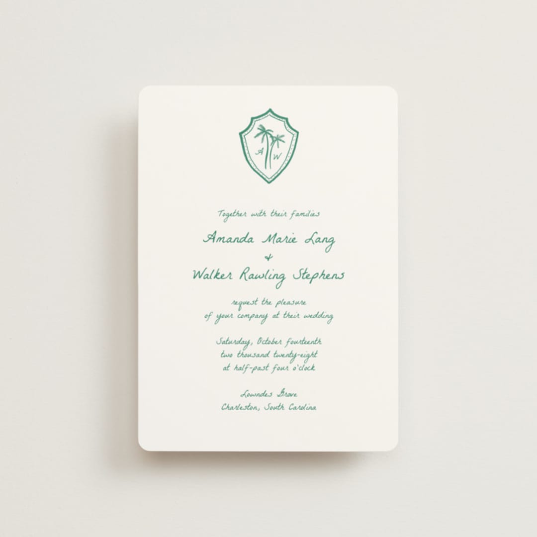 "Palm Tree Crest" - Wedding Invitations in Palm by Erika Firm - Front