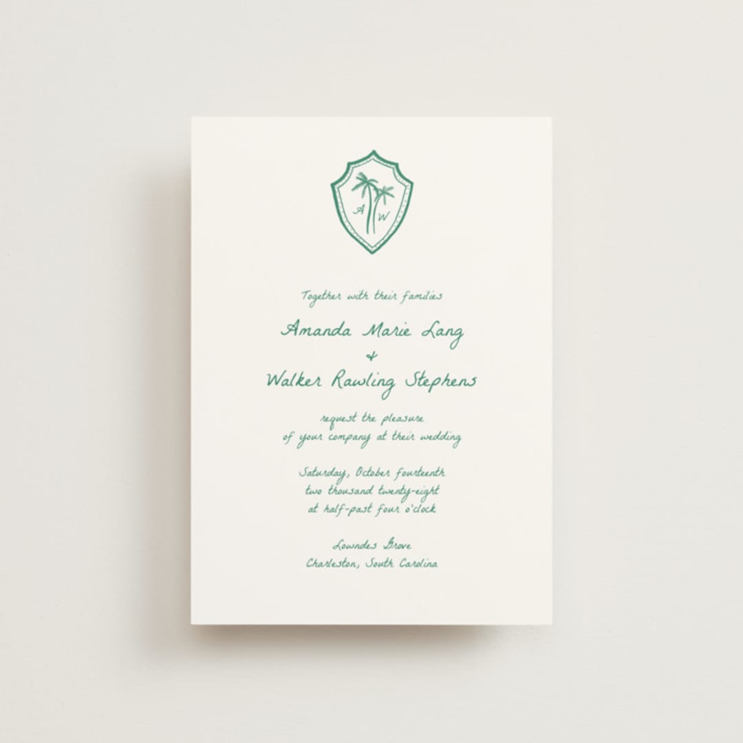"Palm Tree Crest" - Wedding Invitations in Palm by Erika Firm - Front
