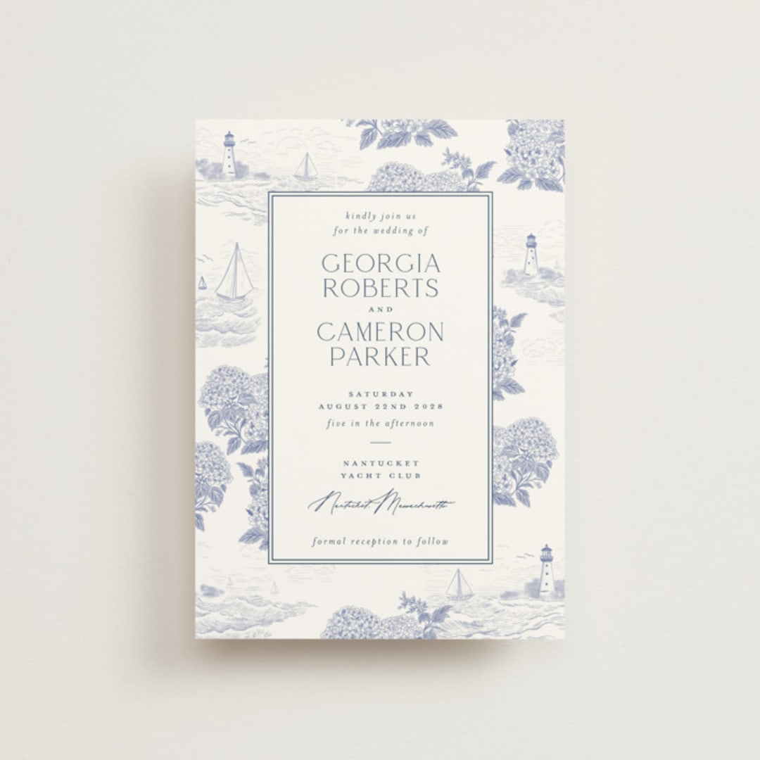 "Coastal Toile" - Wedding Invitations in Periwinkle by Jenna Holcomb - Front