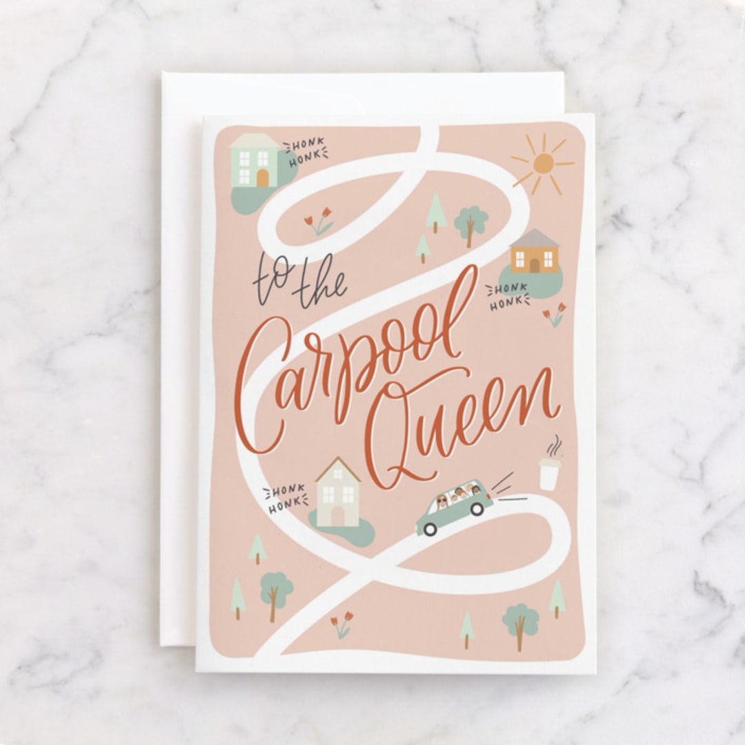 "Carpool Queen" - Single Greeting Cards in Blush by Erin German - Front