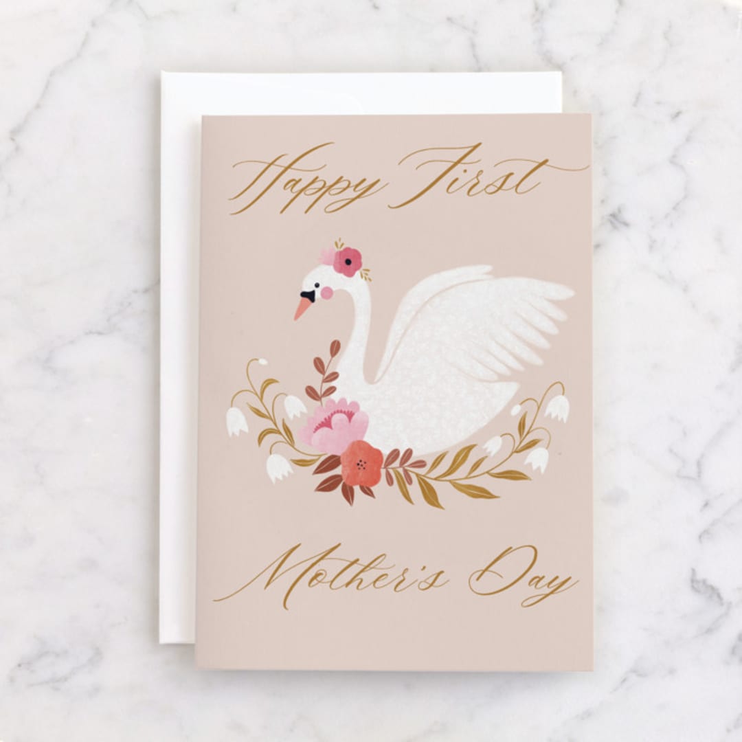 "First Mother's Day Swan" - Single Greeting Cards in Dusty Rose by Tati Abaurre - Front