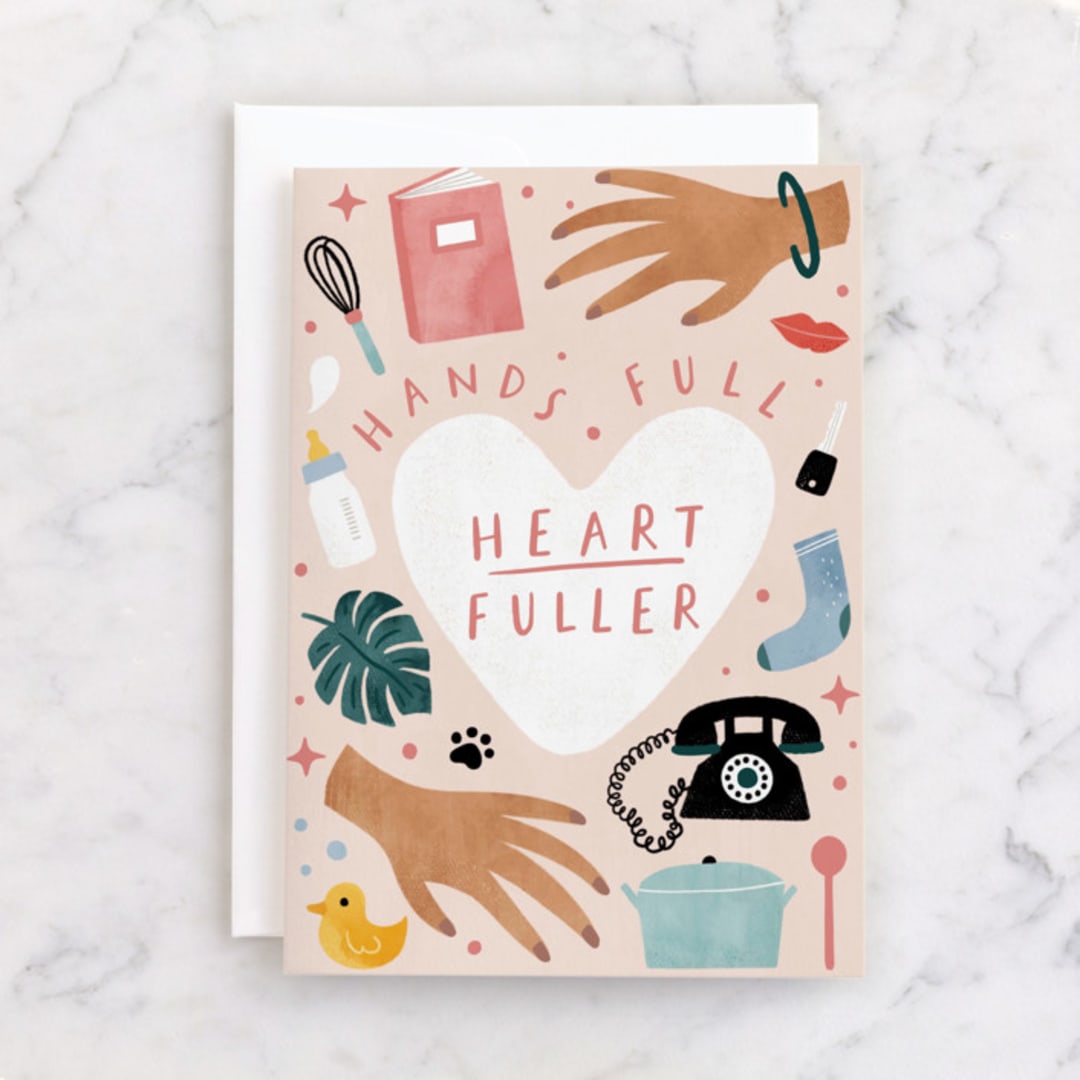 "Hands full, Heart fuller" - Single Greeting Cards in Blush by Cindy Chu - Front