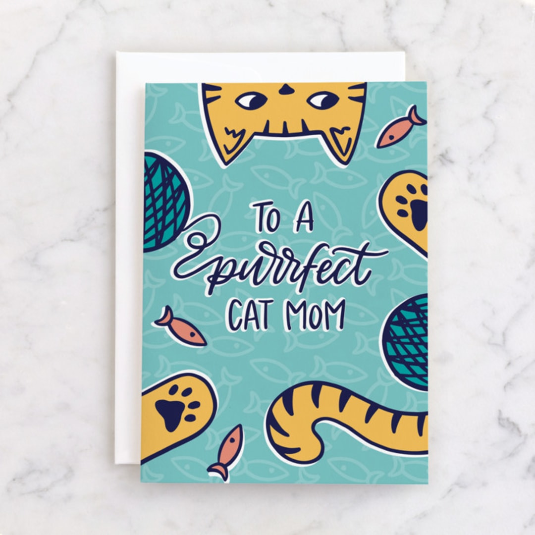 "Purrfect Cat Mom" - Single Greeting Cards in Ocean by Ashley Presutti Beasley - Front