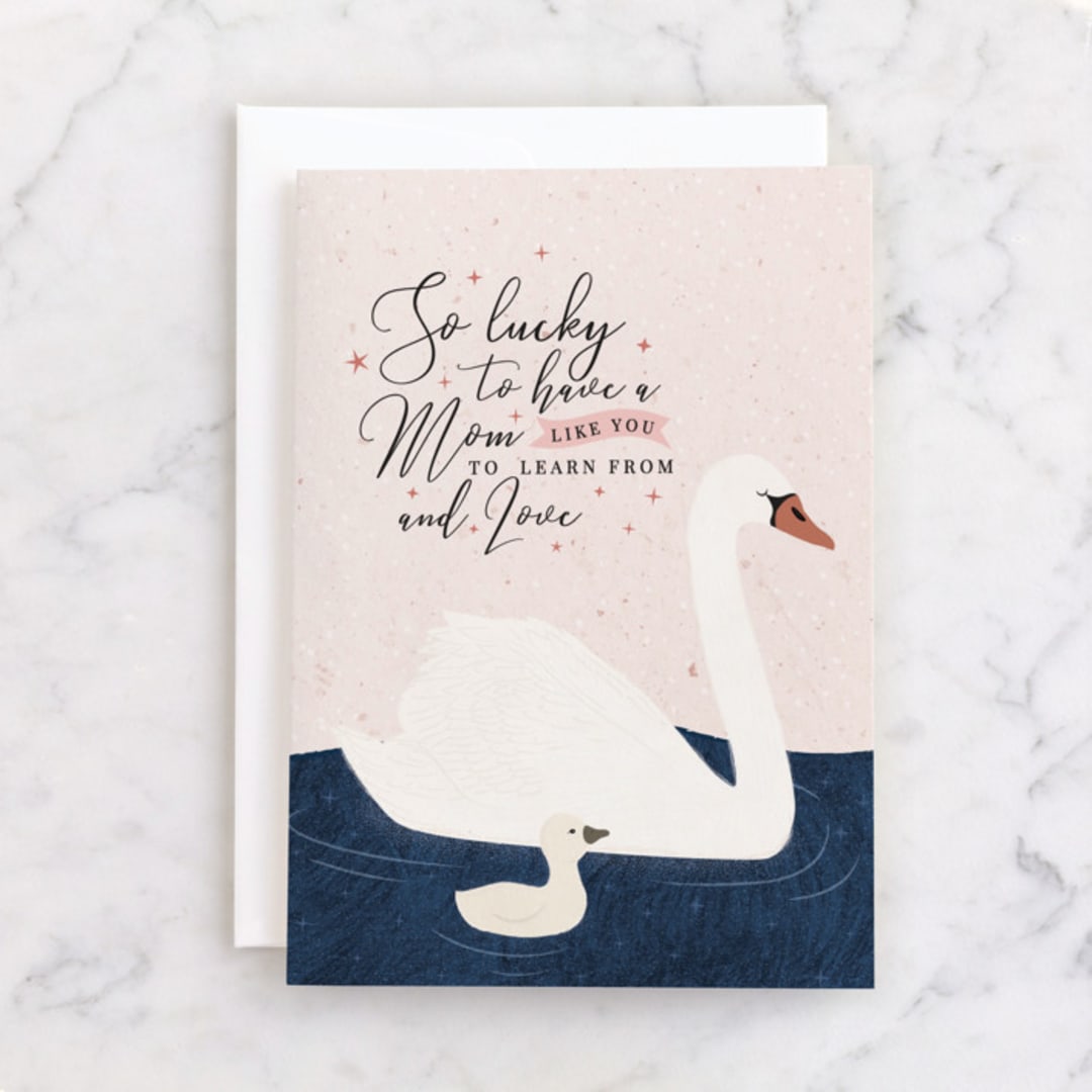 "Swan Mom" - Single Greeting Cards in Blush by Sabrin Deirani - Front