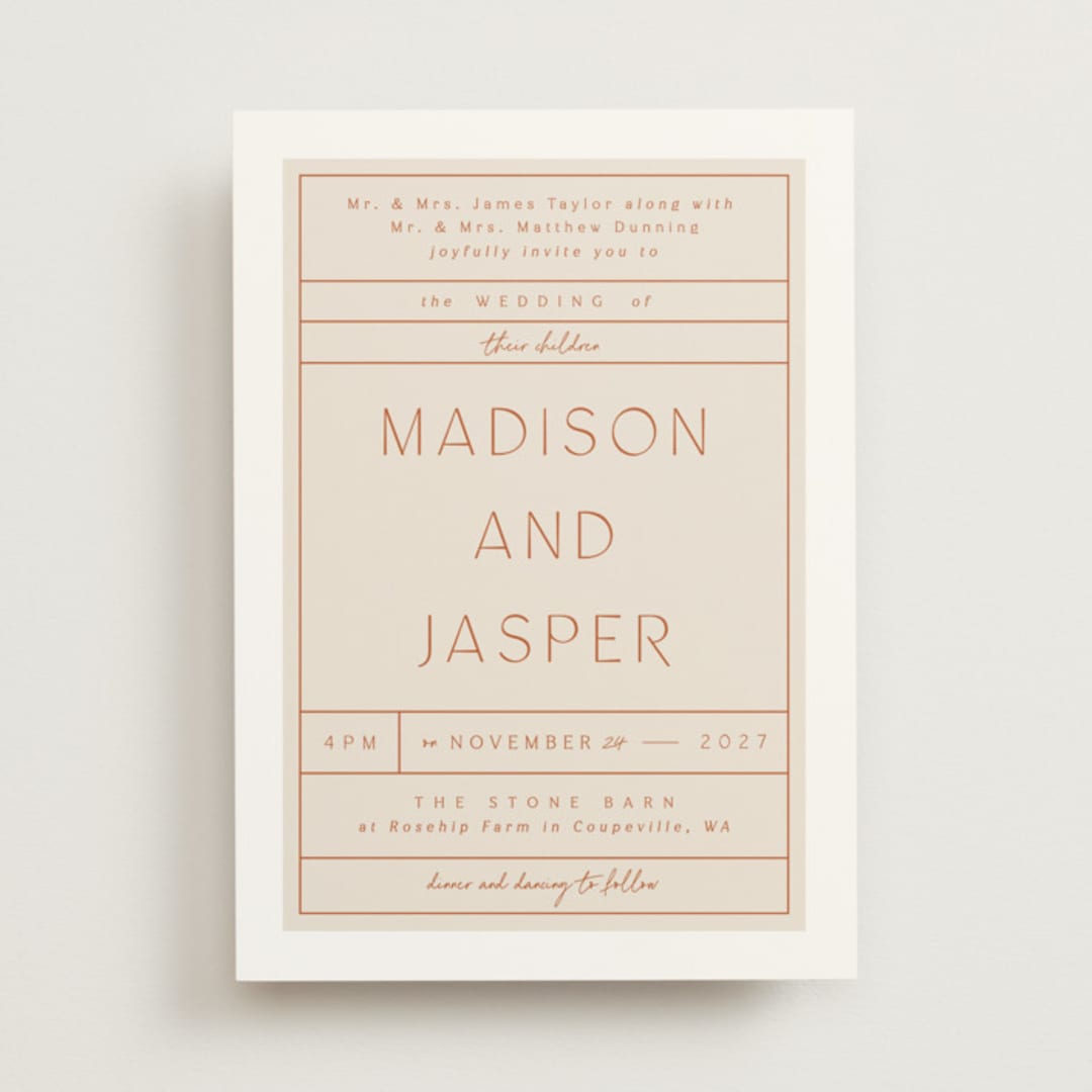 "Modern Ticket" - Wedding Invitations in Rust by Alethea and Ruth - Front