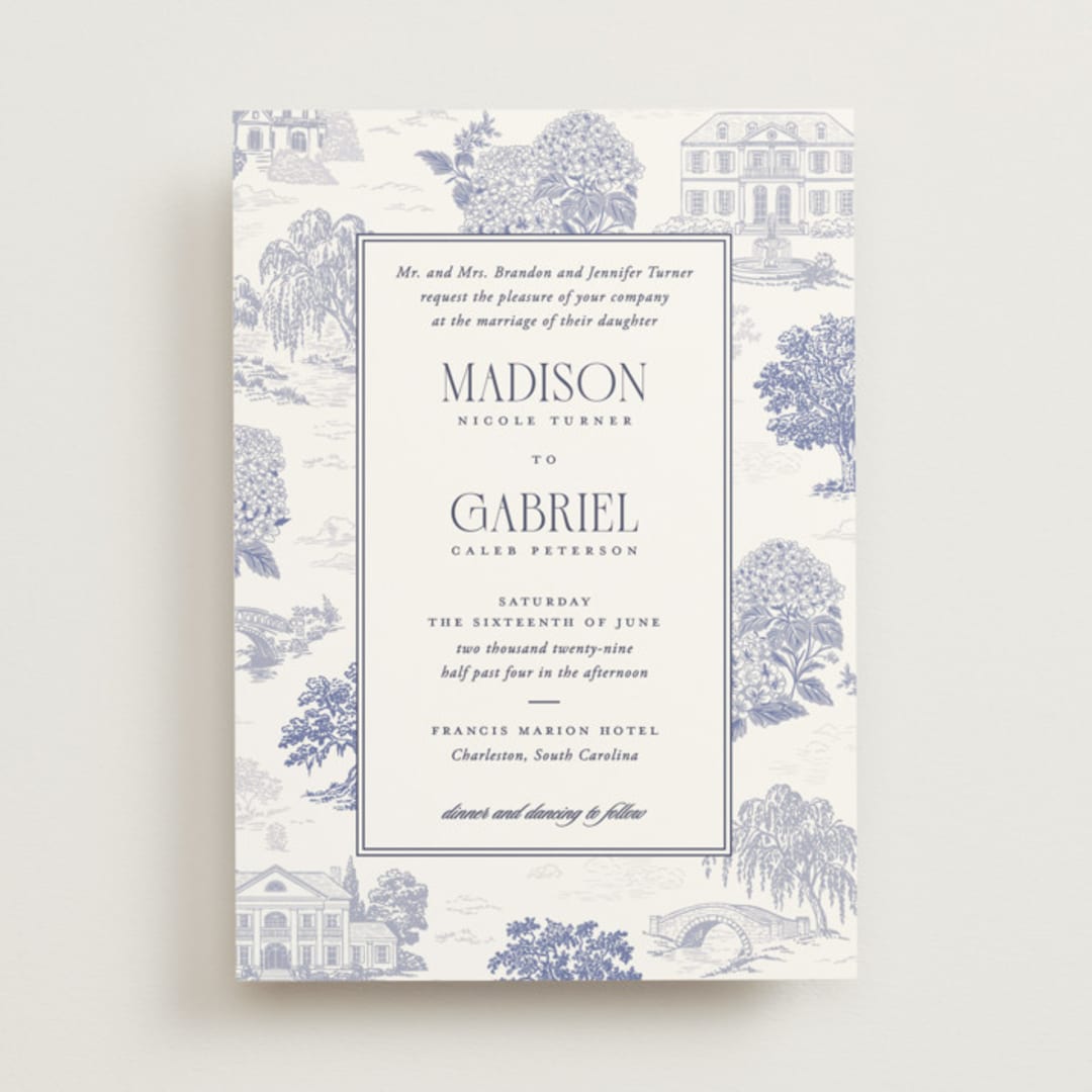 "Southern Charm Toile" - Wedding Invitations in Periwinkle by Jenna Holcomb - Front