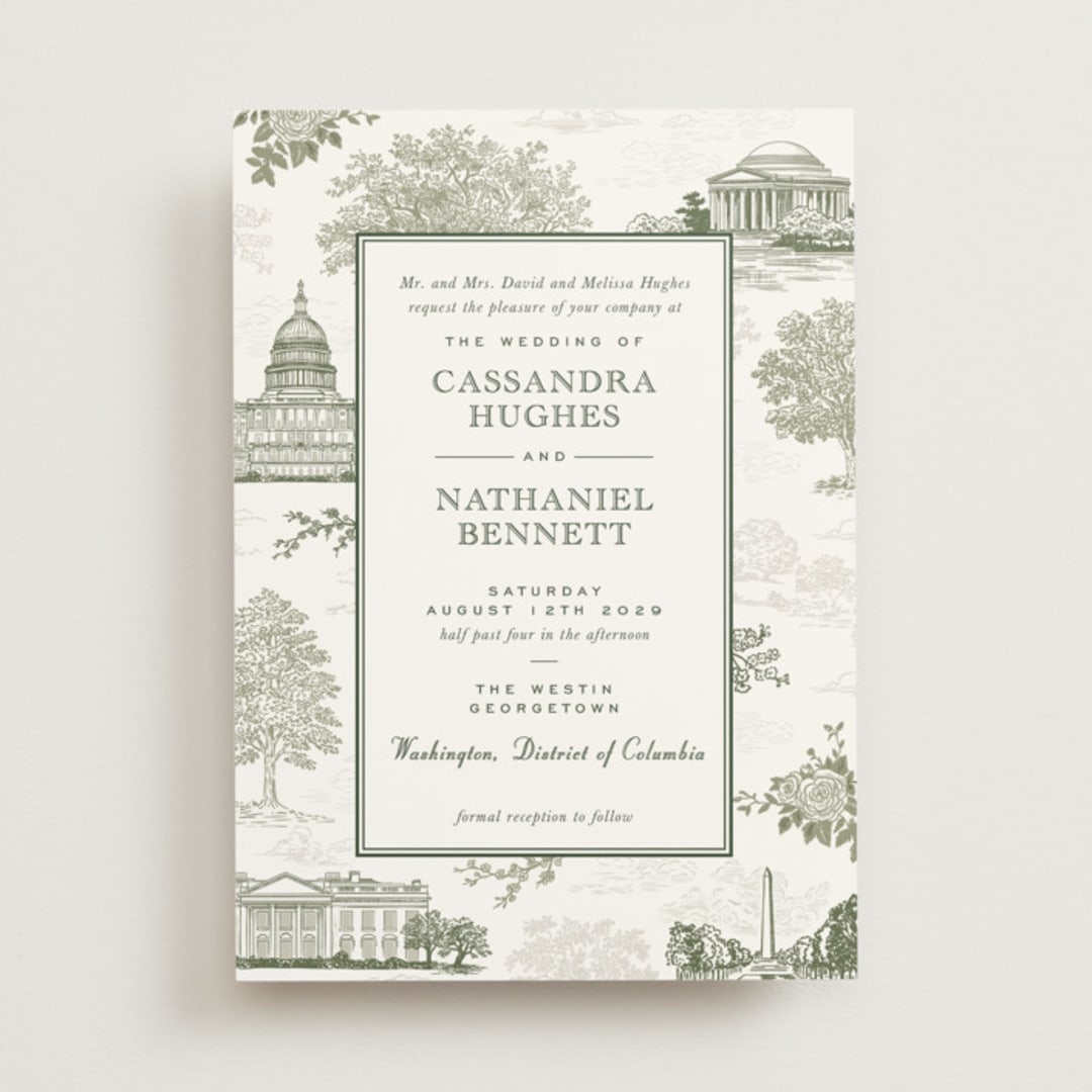 "Washington DC Toile" - Wedding Invitations in Olive by Jenna Holcomb - Front