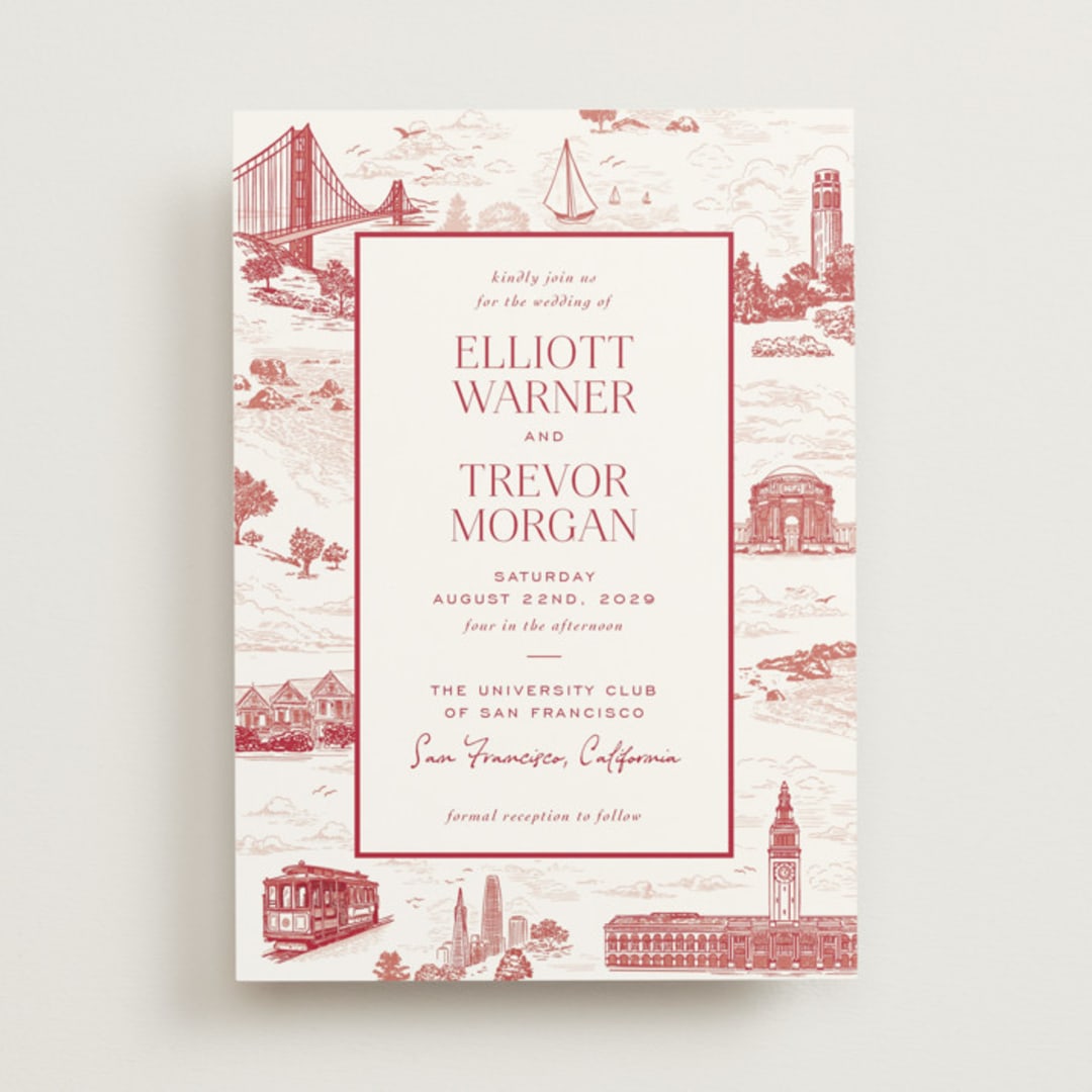 "San Francisco Toile" - Wedding Invitations in Scarlet by Jenna Holcomb - Front