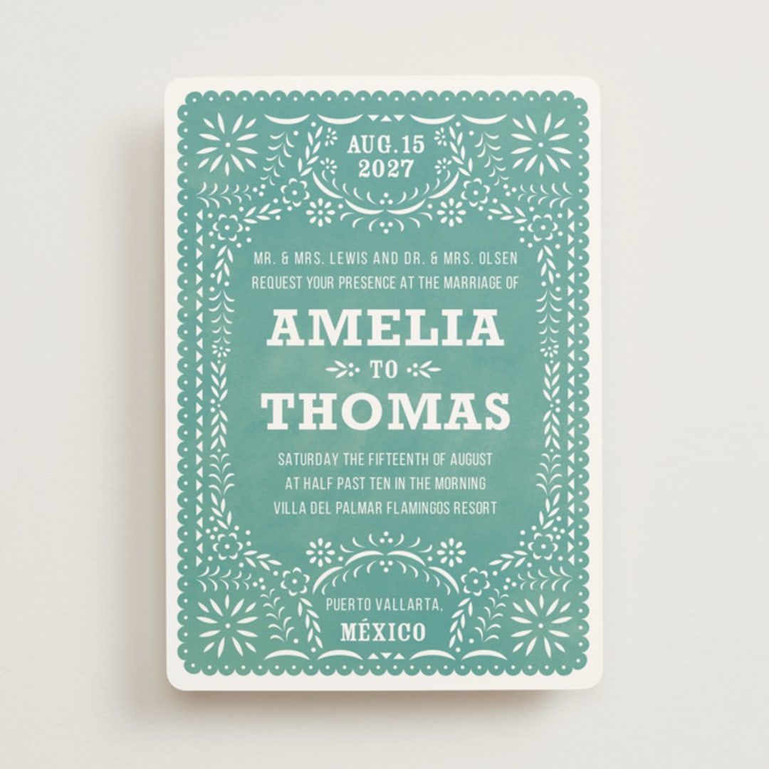 "Fiesta Folk Art" - Wedding Invitations in Lagoon by root beer float - Front
