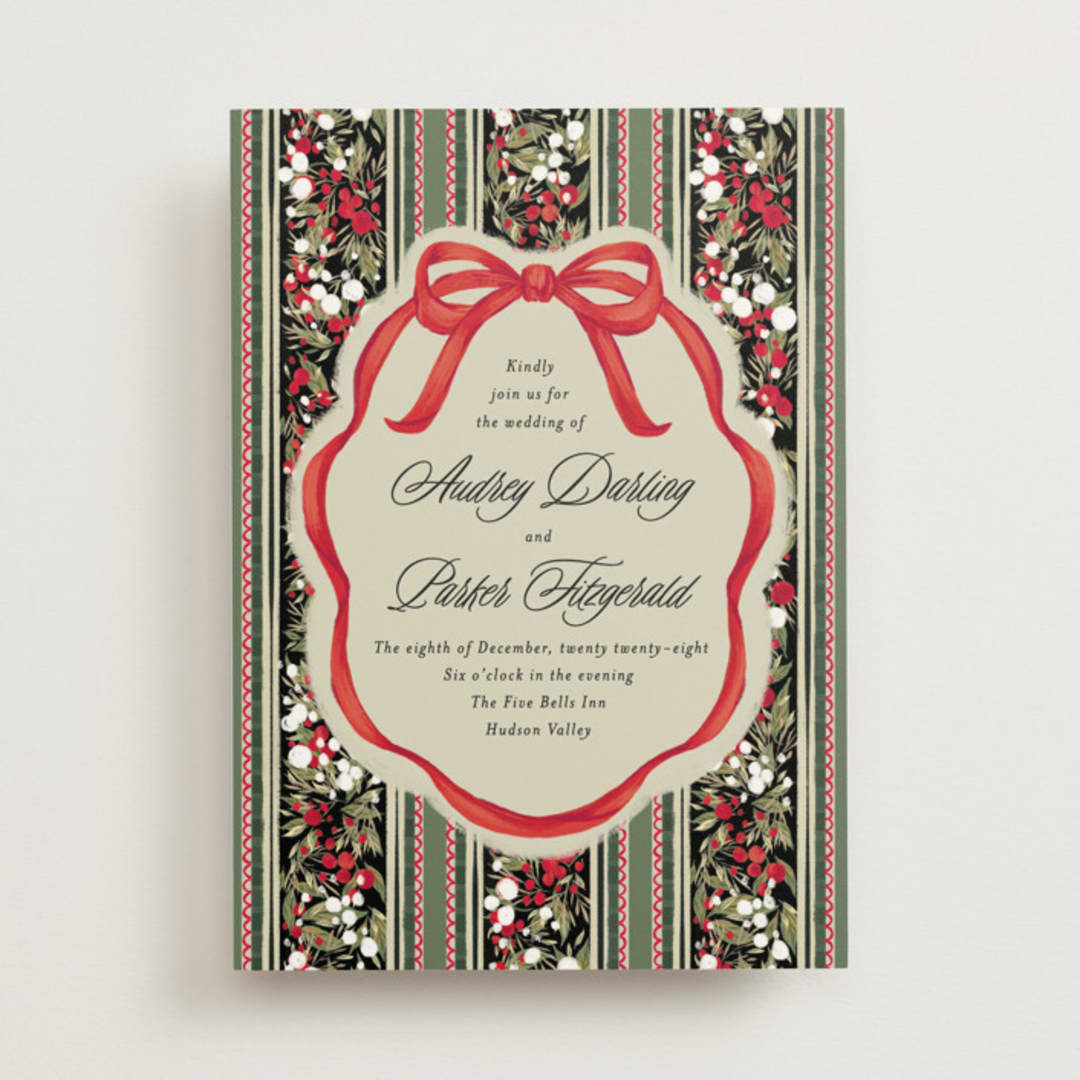 "Holiday Ribbon" - Wedding Invitations in Ruby by Jackie Crawford - Front