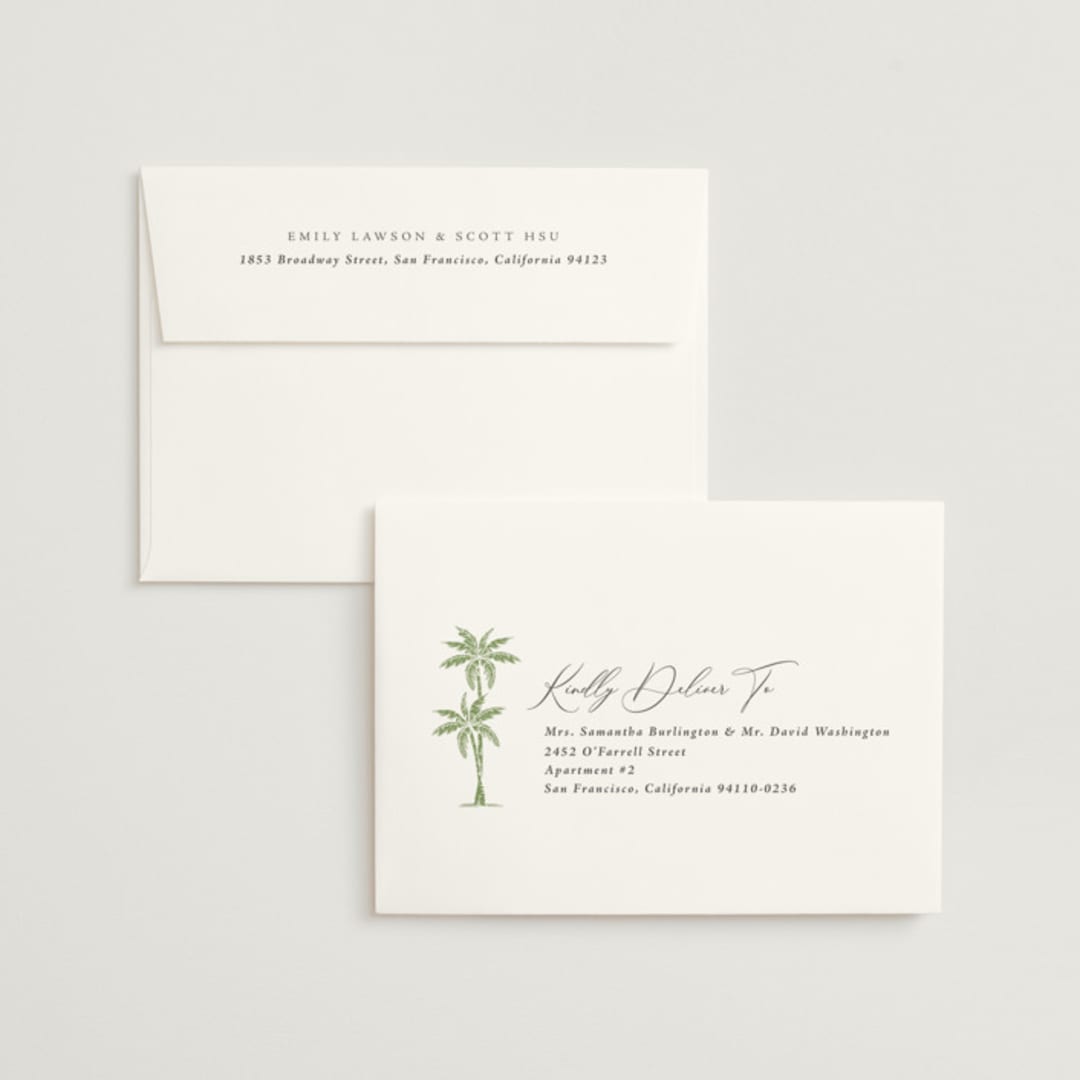 "Palm Monogram" - Wedding Invitations in Leaf by Olivia Raufman - FREE Recipient Addressing