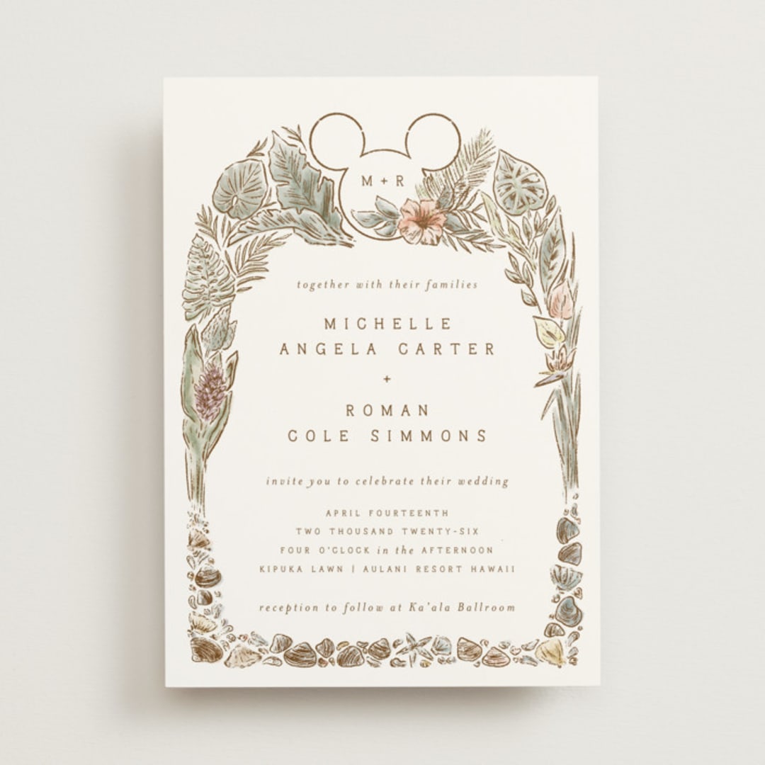 "Disney's Mickey Mouse Tropical Frame" - Wedding Invitations in Earth by Shiny Penny Studio - Front